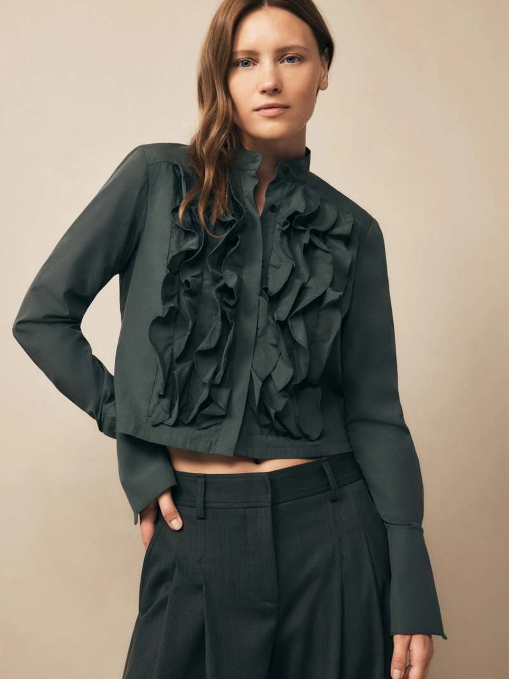 TWP “Pattie” Long-Sleeve Ruffle Cropped Shirt Blouse Rosin/Dark Green - Size XS